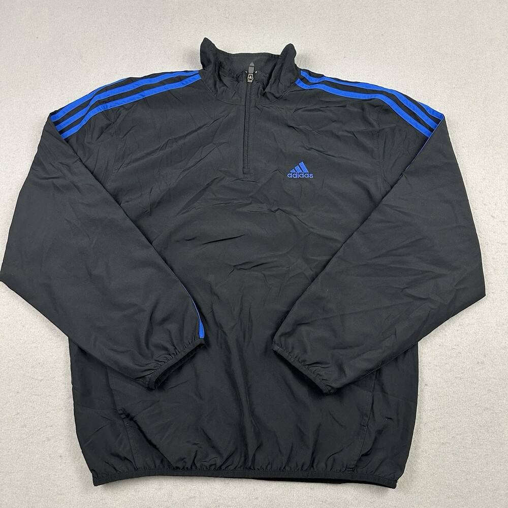 Adidas Jacket Men Small Black Blue Stripe 1/4 Zip Lightweight Windbreaker S